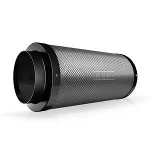 AC Infinity carbon filter with a cylindrical silver mesh body and black end caps on a white background.