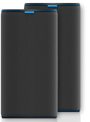 Two vertical, charcoal-colored AC Infinity pre-filter covers for duct fans, featuring blue stitching and logos.