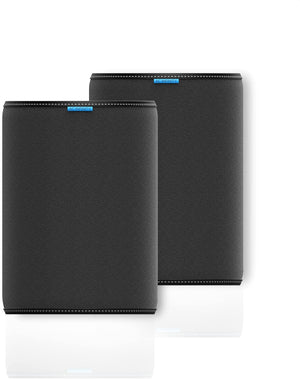 Two cylindrical, dark gray AC Infinity carbon filter sleeves with a blue brand tag, isolated on a white background.