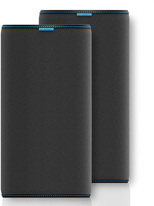 Two vertical charcoal grey AC Infinity carbon filter sleeves with blue stitching and logo tabs on a white background.