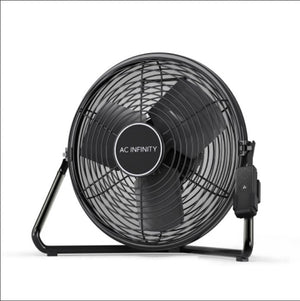 Black metal AC Infinity floor fan with cage grill, three blades, and a side-mounted speed controller.