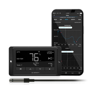 AC Infinity controller showing temp and humidity, a smartphone app displaying sensor data, and a wired probe.
