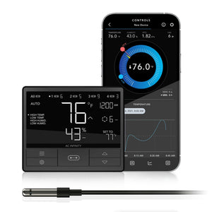 AC Infinity climate controller, smartphone app interface showing data, and a sensor probe on a white background.