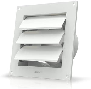 White AC Infinity louvered vent cover with three horizontal flaps, showing a square frame and circular duct mount.