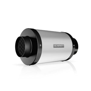 Silver AC Infinity carbon filter with black end caps, side-view against a white background.