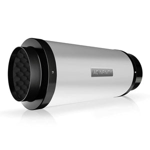 AC Infinity cylindrical carbon filter with silver metallic body and black ends, side angle view on white background.