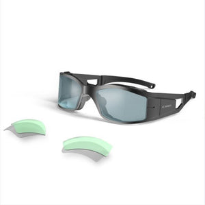 Black grow room glasses with blue-tinted lenses, shown with two interchangeable light green lenses on a white background.