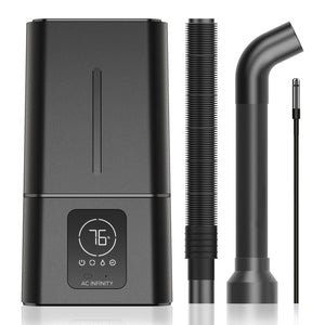 Matte black humidifier with digital display, flexible hose, curved output nozzle, and humidity sensor probe.