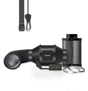 AC Infinity ventilation kit with inline fan, carbon filter, black ducting, speed controller, straps, and hose clamps.