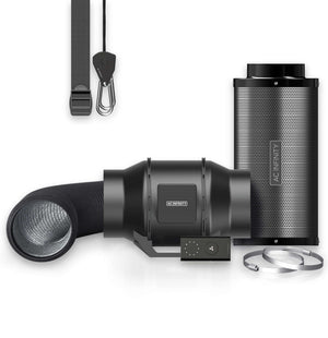AC Infinity duct fan kit with carbon filter, flexible ducting, speed controller, hanging straps, and metal clamps.