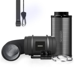 AC Infinity ventilation kit with inline fan, carbon filter, black ducting, controller, straps, and duct clamps.
