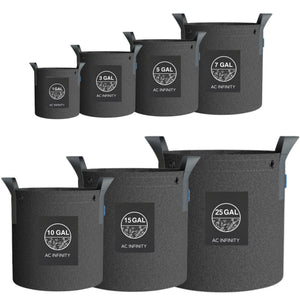 Group of charcoal gray AC Infinity fabric grow pots in sizes 1, 3, 5, 7, 10, 15, and 25 gallons with side handles.