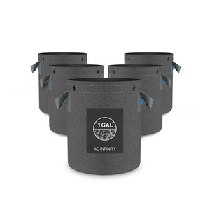 Five grey AC Infinity 1-gallon fabric grow pots with black handles and top grommets arranged in a cluster.