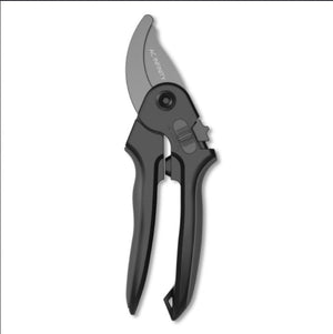 AC Infinity black bypass pruning shears with sharp metal blade and integrated locking mechanism on white background.
