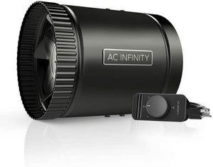 Black cylindrical inline duct fan with AC Infinity logo and a wired speed controller knob.