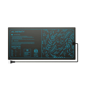 Black AC Infinity seedling heat mat with blue leaf patterns, instructions, and power cord on white background.