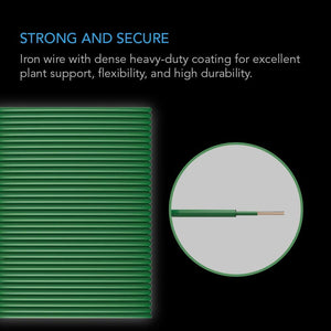 Coiled green plant tie wire with a magnified view showing an iron core with a thick, durable green coating.