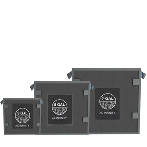 Three grey, square AC Infinity fabric pots in 3, 5, and 7-gallon sizes arranged in ascending order.