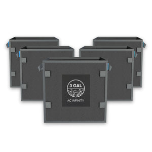 Five square, dark grey fabric grow pots with reinforced stitching and 3-gallon AC Infinity labels.