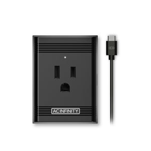 Black AC Infinity smart outlet adapter with a US-style wall plug socket and a connected USB-C cable.