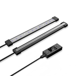 Two AC Infinity LED grow light bars and a digital controller with a screen, angled against a white background.