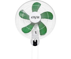 Active Air wall-mount fan with five green blades, white safety cage, and three-speed control base.