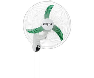 Wall-mounted Active Air fan with white protective cage, three green blades, and a pull-cord control switch.
