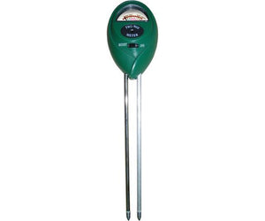 Green analog soil meter with dial gauge, toggle switch for moisture and pH settings, and two metal probe sensors.