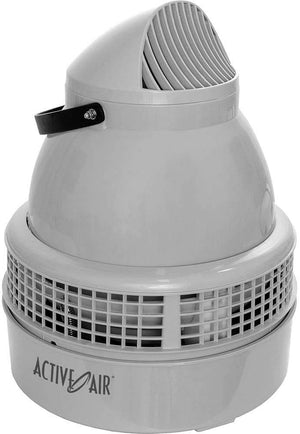 Light gray cylindrical Active Air unit with a vented top, intake grille base, and black carrying handle.