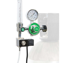 CO2 regulator with flow meter, pressure gauge, and solenoid valve attached to a faint white gas cylinder.