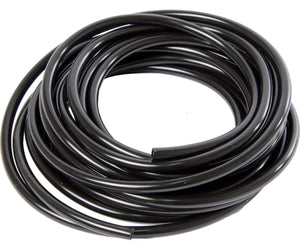 Coiled length of smooth, black flexible irrigation tubing for hydroponic systems against a white background.