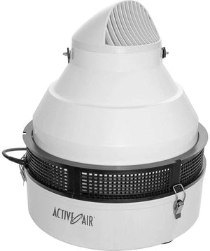 White, cone-shaped Active Air centrifugal humidifier with a black mesh intake filter and metal side-locking latches.