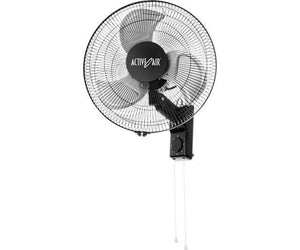 Black wall-mount oscillating fan with wire safety cage, three white blades, and two pull-chain controls.