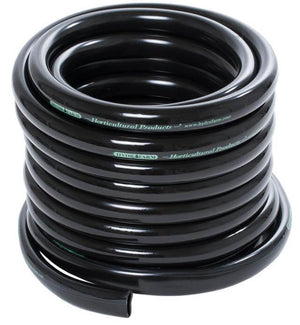 A coil of flexible, black horticultural tubing with Hydrofarm branding printed along the exterior.