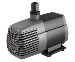 Grey and black submersible water pump with a slotted intake grille and a top-facing barbed hose adapter.