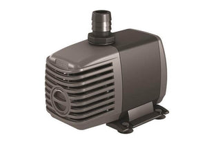 Gray submersible water pump with a top-mounted barbed outlet and an adjustable intake grill, on a suction base.
