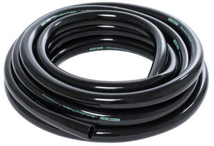 Coiled length of shiny black vinyl irrigation tubing with Hydrofarm brand text printed along the side.