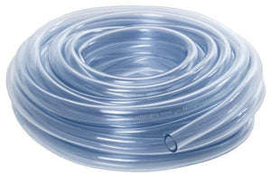 Coiled length of transparent, flexible vinyl tubing for hydroponic irrigation and water transport.