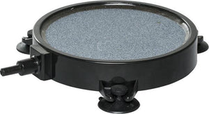 Round, gray porous air stone in a black housing with a side air intake nozzle and four base suction cups.
