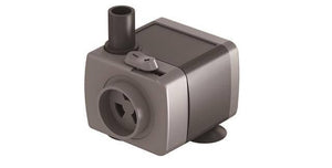 Gray submersible water pump with a flow control dial, top nozzle, and front intake, isolated on a white background.