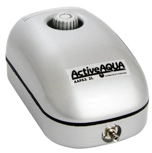 Silver Active Aqua air pump featuring a top-mounted adjustment dial and front-facing metal outlet nozzle.