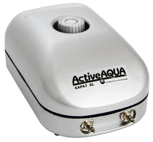 Silver Active Aqua air pump with a top airflow control knob and two metal outlet ports at the front.