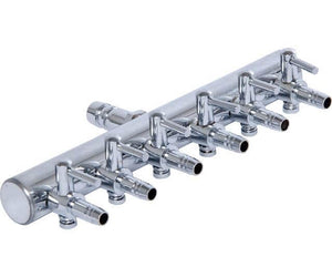 Chrome air manifold with six barbed outlets, each featuring an individual lever valve for flow control.