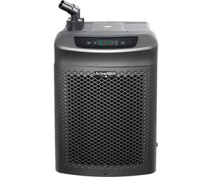 Front view of black Active Aqua chiller with a mesh grille, digital control panel, and top dual-port nozzle.