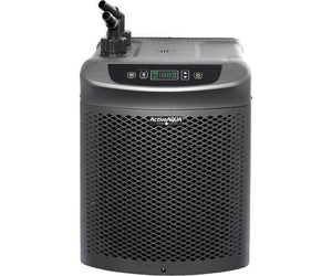 Grey Active Aqua water chiller with front ventilation mesh, digital control panel, and top-mounted hose connectors.