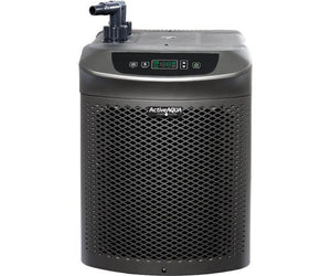 Gray water chiller with a mesh front, top inlet nozzle, and a digital control panel display on a white background.