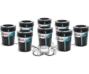 Active Aqua 7-bucket hydroponic system with a central air pump, connecting air lines, and blue water level indicators.
