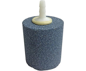Cylindrical blue porous stone air diffuser with a white plastic tubing connector on top.
