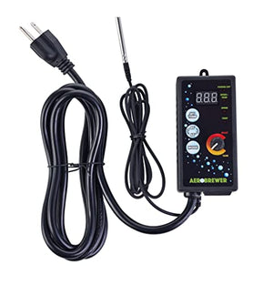 Aerobrewer controller with a digital display, temp probe, and power cord, used to monitor compost tea brewing.