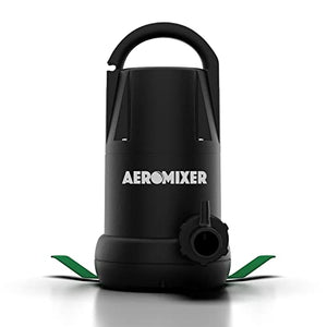 Black Aeromixer submersible pump for hydroponics, featuring a handle and side outlet for mixing and aerating solutions.